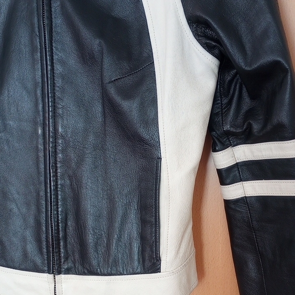 Wilsons Leather Black and Cream 100%  Leather Jacket Zip-Up Stand-Up Collar moto - Picture 4 of 15